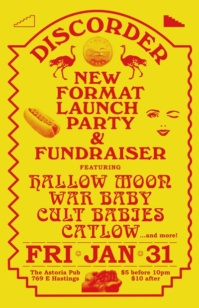 Discorder Fundraiser and New Format Launch Party: War Baby, Hallow Moon, Catlow, Cult Babies @ The Astoria  Jan 31 2014 - May 6th @ The Astoria 