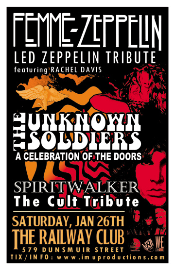 FEMME ZEPPELIN Led Zeppelin Tribute feat. Rachel Davis, The UNKNOWN SOLDIERS: A Celebration Of The Doors & SPIRITWALKER Cult Tribute: Femme Zeppelin, Rachel Davis, The Unknown Soldiers, Spiritwalker @ Railway Club Jan 26 2013 - May 10th @ Railway Club