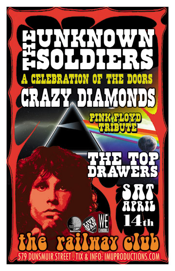 The UNKNOWN SOLDIERS A Celebration Of The Doors, CRAZY DIAMONDS Pink Floyd Tribute  & special guests: The Unknown Soldiers, Crazy Diamonds, Top Drawers @ Railway Club Apr 14 2012 - May 7th @ Railway Club