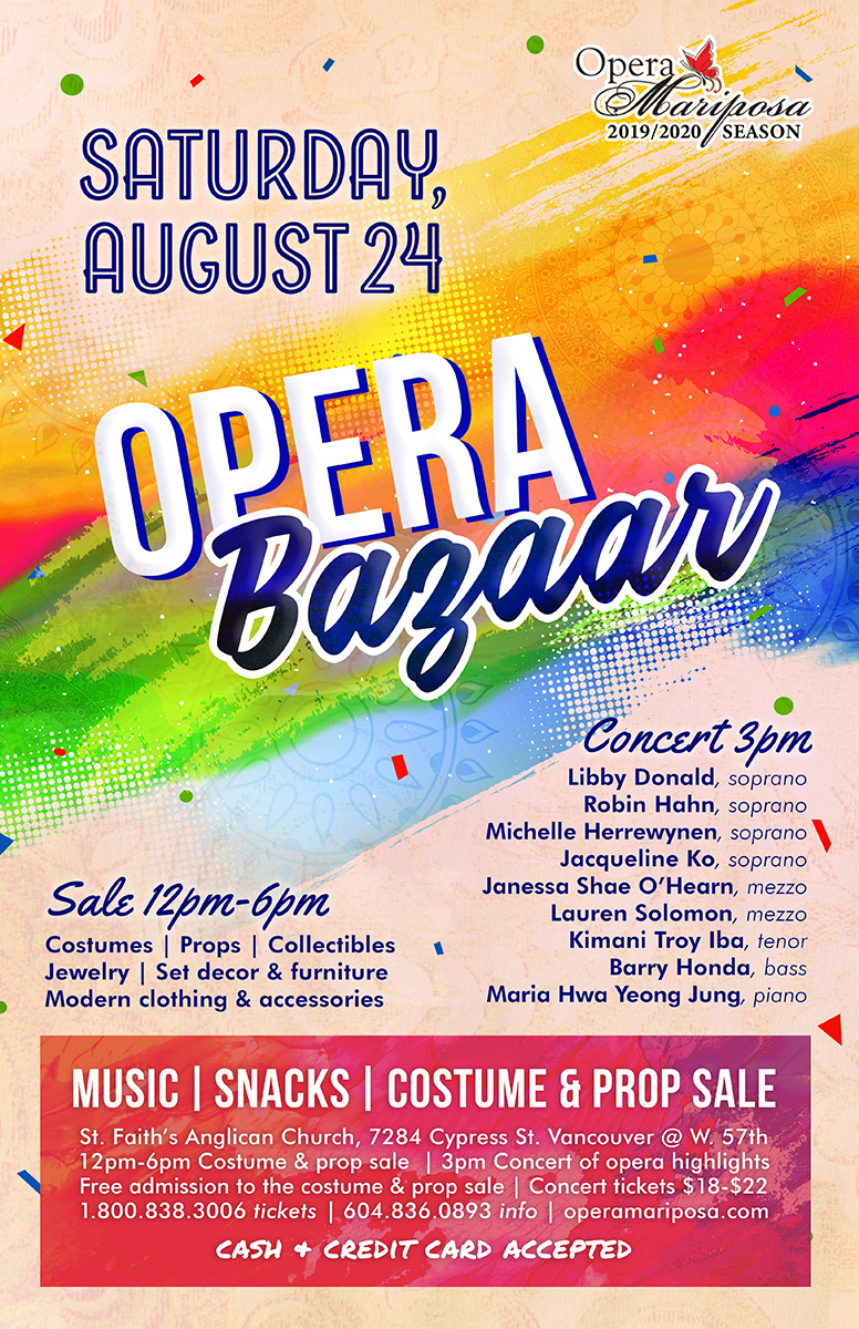 Opera Bazaar: Libby Donald (soprano), Robin Hahn (soprano), Michelle Herrewynen  (soprano), Jacqueline Ko  (soprano), Janessa Shae O'Hearn  (mezzo-soprano), Lauren Solomon  (mezzo-soprano), Kimani Troy Iba  (tenor), Barry Honda (bass), Maria Hwa Yeong Jung  (piano) @ St. Faith's Anglican Church Aug 24 2019 - May 10th @ St. Faith's Anglican Church