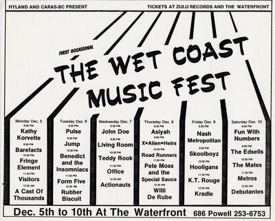 First Occasional Wet Coast Music Fest: Actionauts, OFFICE, Teddy Rook, Living Room, John Doe @ The Waterfront Dec 7 1983 - May 8th @ The Waterfront