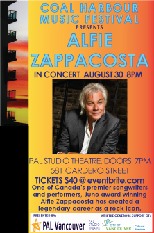Coal Harbour Music Festival: Alfie Zappacosta @ PAL Studio Theatre Aug 30 2019 - May 6th @ PAL Studio Theatre