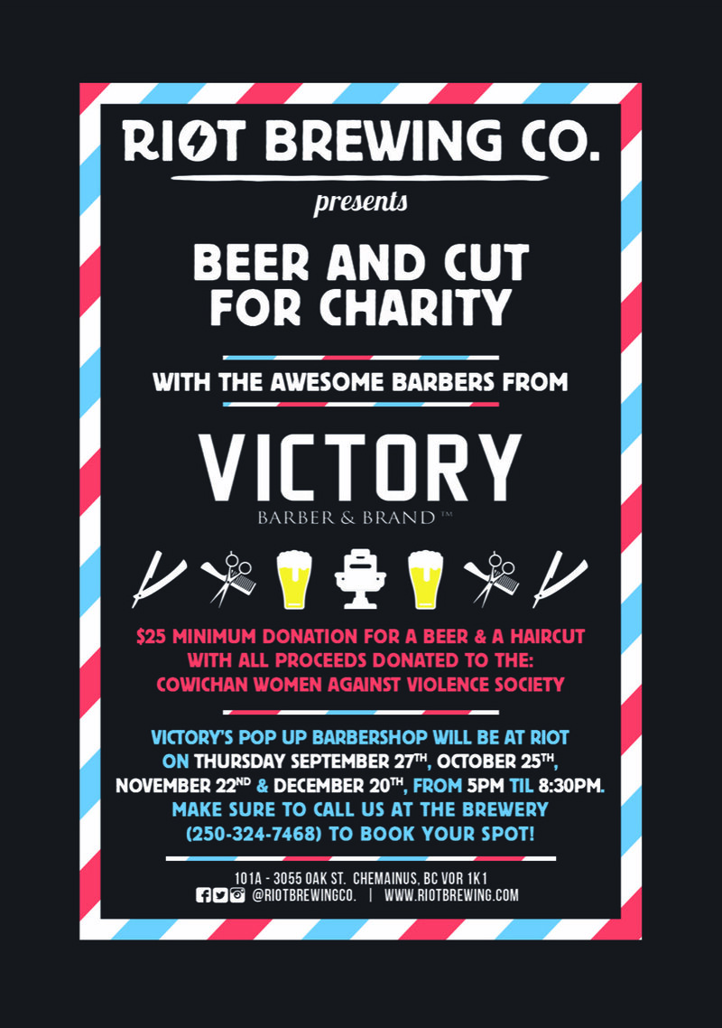 Beer and Cut with Victory Barbers @ Riot Brewing Co. Nov 22 2018 - Jun 3rd @ Riot Brewing Co.