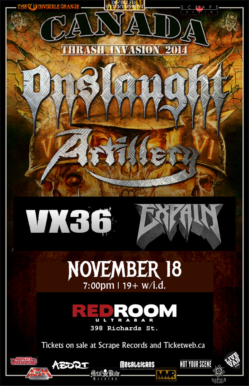 Thrash Invasion Tour 2014: ONSLAUGHT, Artillery, VX36, Expain @ The Red Room Nov 18 2014 - May 5th @ The Red Room