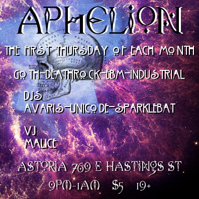 Aphelion: Dj Avaris, Dj Sparklebat, DJ Unicode, VJ Malice @ The Astoria  Feb 4 2016 - May 6th @ The Astoria 