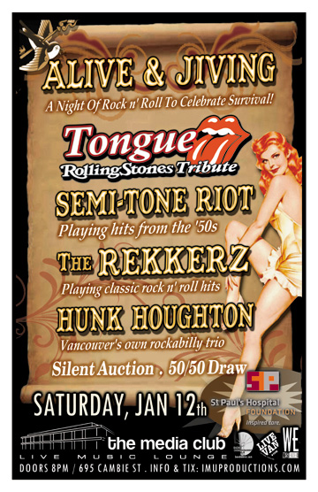KATE BARSKY&rsquo;S ALIVE AND JIVING ~ TEN YEAR ANNIVERSARY CELEBRATION Fundraiser for St. Paul&rsquo;s Hospital Foundation: TONGUE, Mick Believe, Semi-Tone Riot , The Rekkerz, Hunk Houghton @ The Media Club Jan 12 2013 - May 9th @ The Media Club