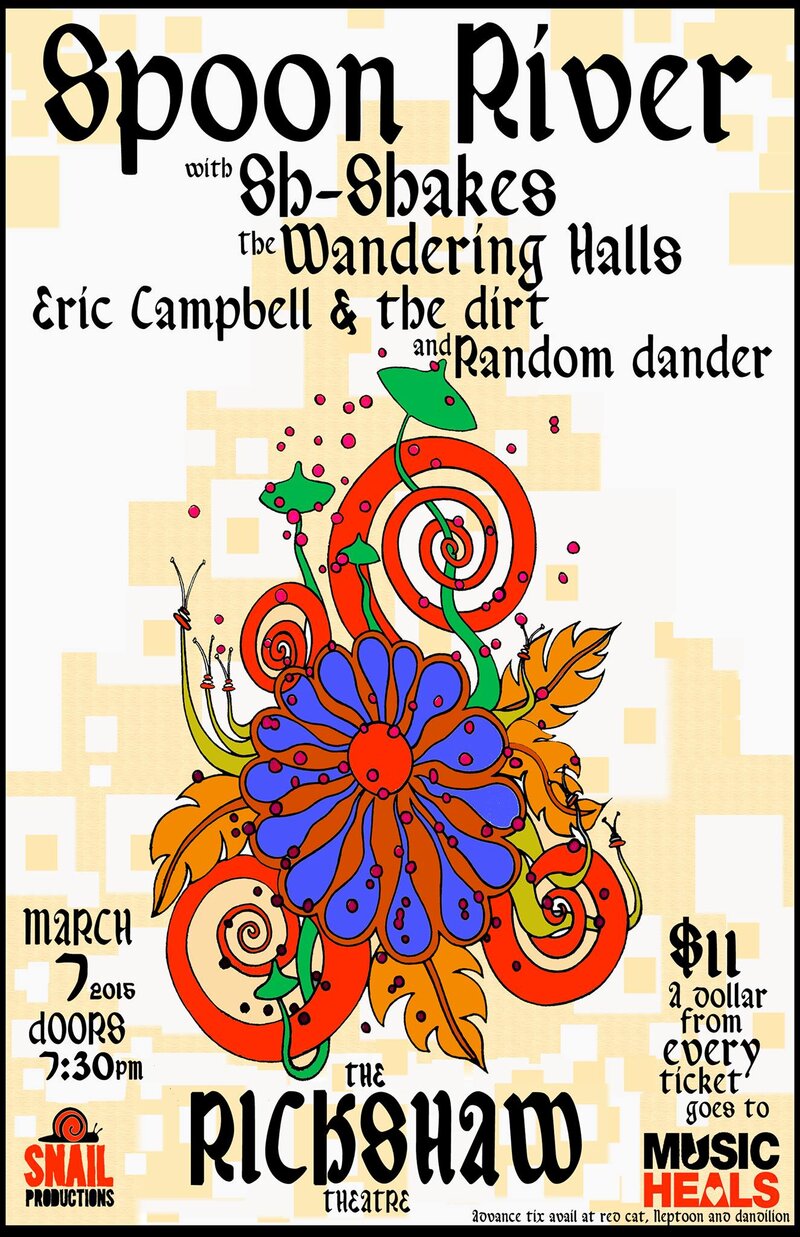 A Night out for Music Heals Canada: Spoon River, Sh-Shakes, Eric Campbell & The Dirt, The Wandering Halls, Random Dander  @ Rickshaw Theatre Mar 7 2015 - Jun 23rd @ Rickshaw Theatre