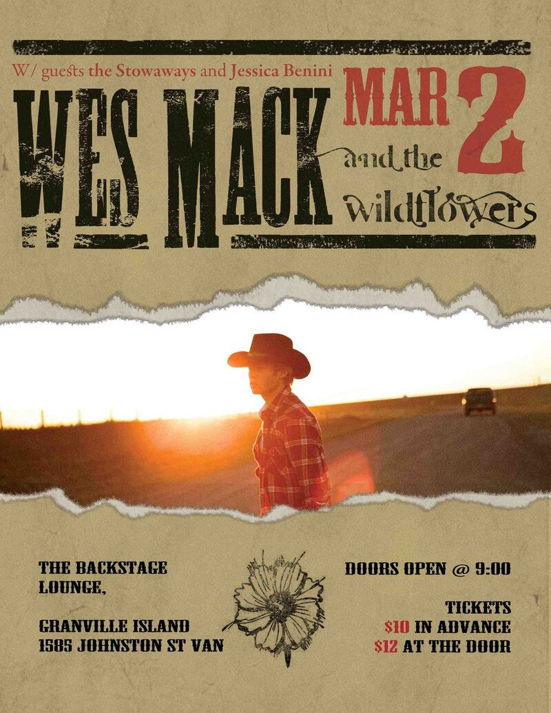 Wes Mack & The Wildflowers, Jessica Benini, The Stowaway Stringband @ Backstage Lounge Mar 2 2012 - May 1st @ Backstage Lounge