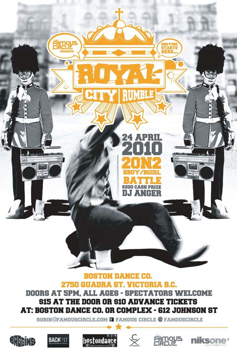Royal City Rumble 2on2 Bboy/Bgirl Battle: DJ Anger, Graffiti Exhibit @ Boston Dance Collective 2750 Quadra St. Apr 24 2010 - May 22nd @ Boston Dance Collective 2750 Quadra St.