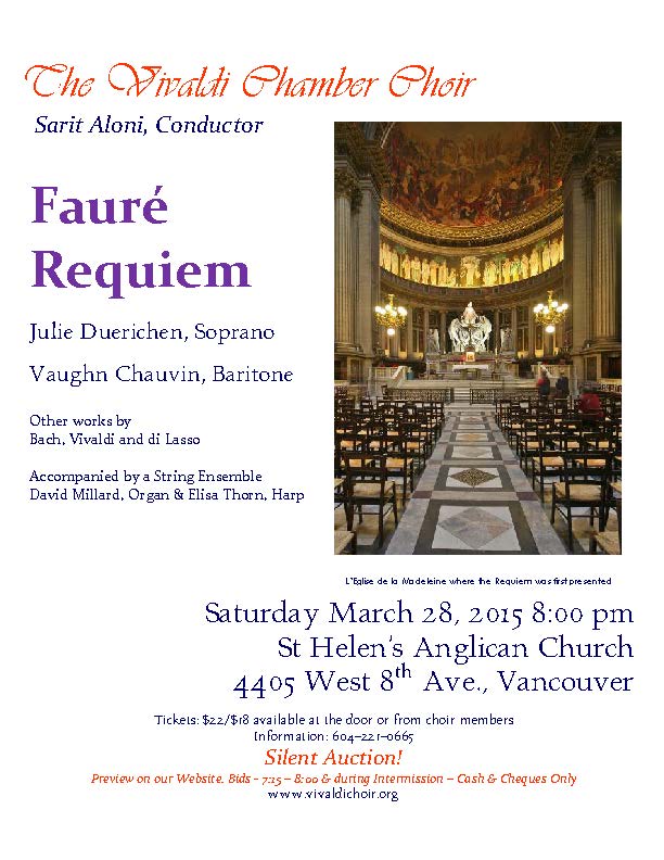 Faur&eacute;'s Requiem ft: Vivaldi Chamber Choir @ St. Helen's Anglican Church Mar 28 2015 - May 10th @ St. Helen's Anglican Church