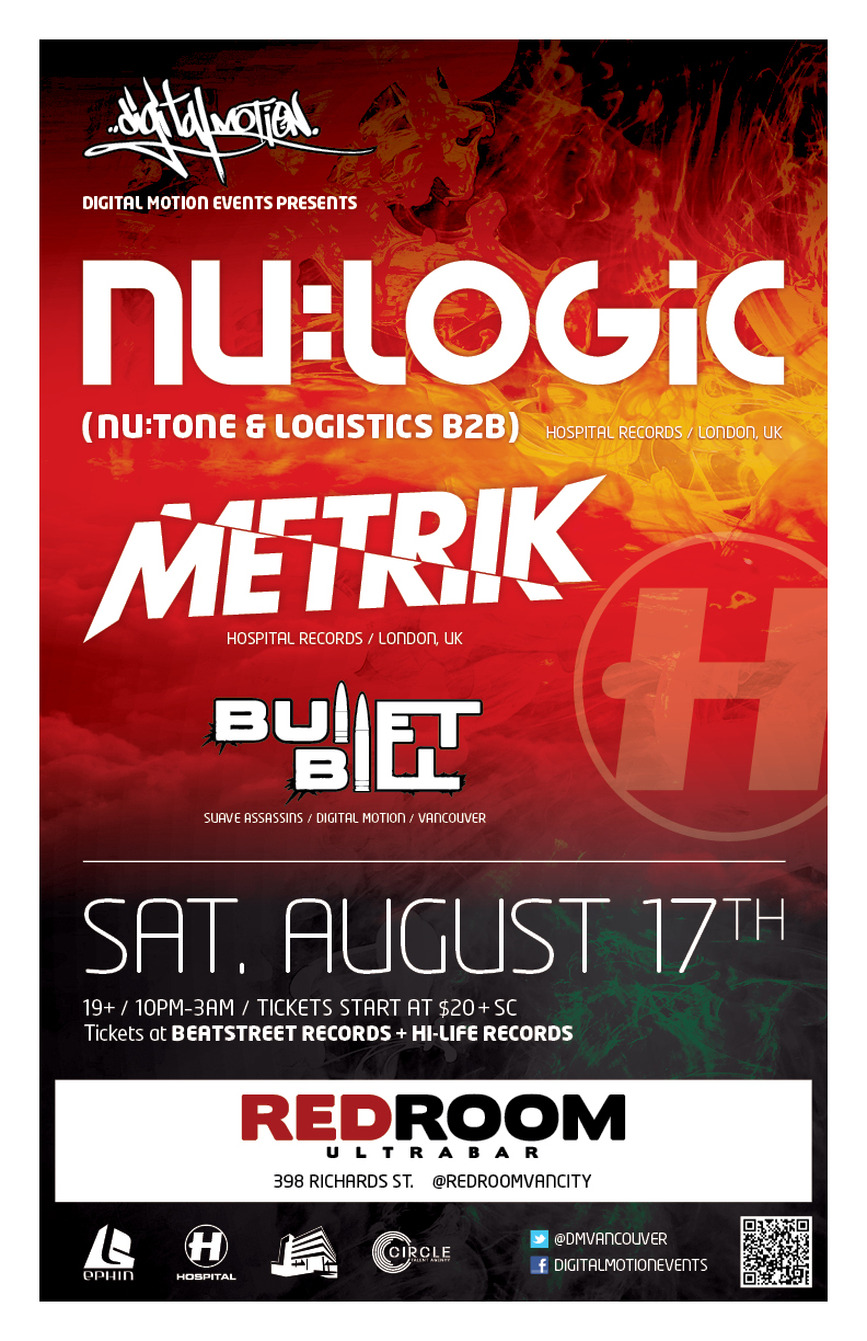 Hospital Records artists:  Nu:Logic  (aka Nu:Tone),  Logistics  (w/), METRIK @ The Red Room Aug 17 2013 - Jun 22nd @ The Red Room