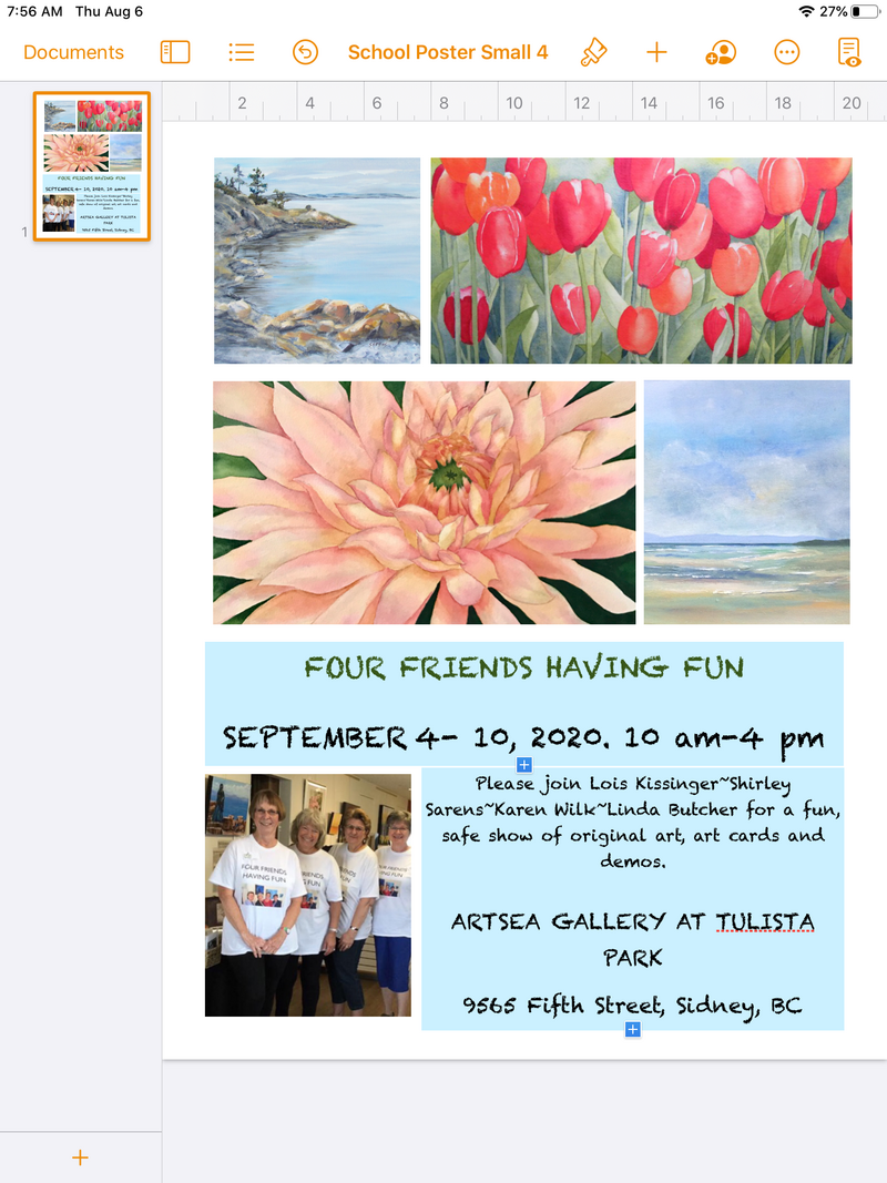 Four Friends Having Fun1: Linda Butcher, watercolour painter, Shirley Sarens, acrylic and mixed media, Lois Kissinger, watercolour painter, Karen Wilk, mixed media and acrylic painter @ ArtSea Gallery Sep 5 2020 - Jun 12th @ ArtSea Gallery