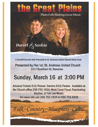 The Great Plains play benefit concert in Nanaimo: The Great Plains @ St. Andrew's United Church Mar 16 2014 - Apr 30th @ St. Andrew's United Church