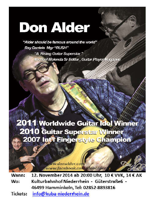 Concert with: Don Alder @ Kulturbahnhof Niederrhein Nov 12 2014 - Jun 4th @ Kulturbahnhof Niederrhein