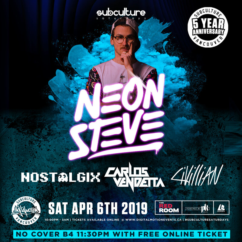 Neon Steve at SUBculture Saturdays [Customer appreciation night] NO COVER B4 11:30PM w/ FREE* online ticket @ The Red Room Apr 6 2019 - Jun 14th @ The Red Room