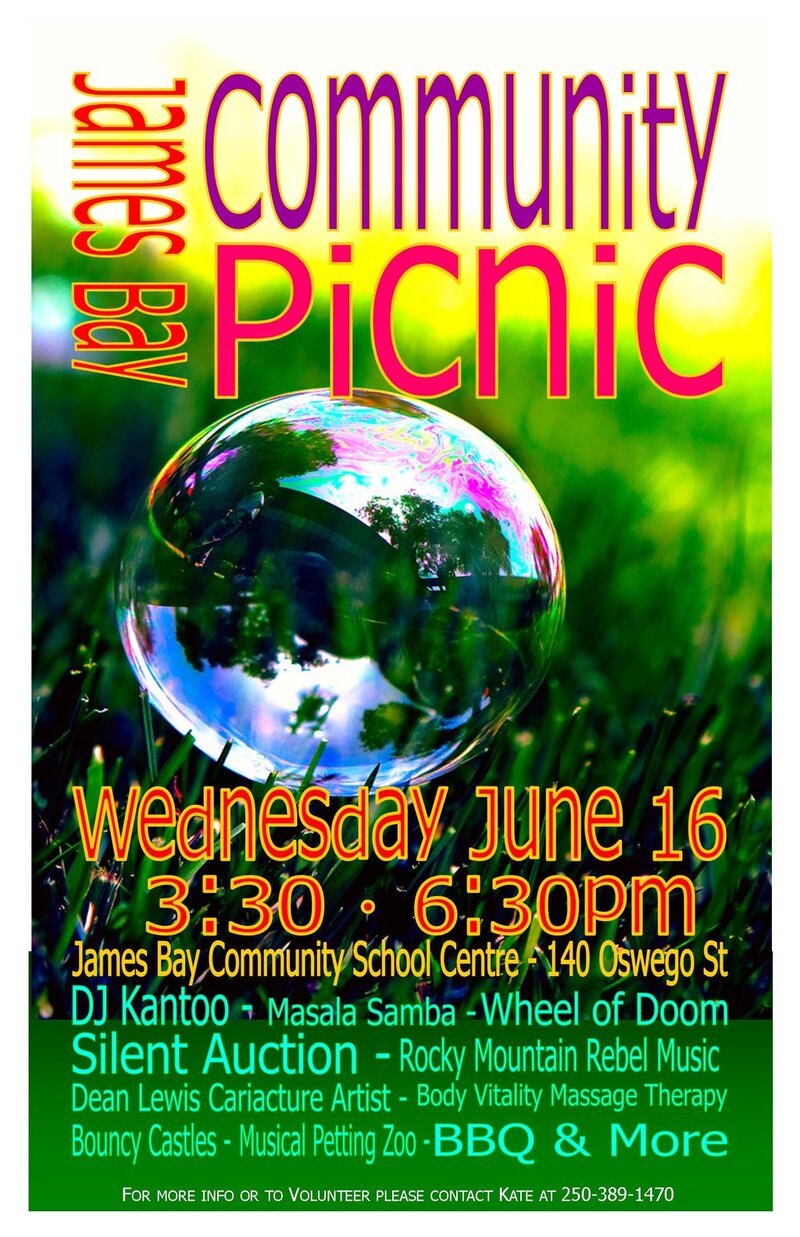 James Bay Community Picnic!: Rocky Mountain Rebel Music, DJ Kantoo, Masala Samba, Wheel of Doom @ James Bay Community School Centre 140 Oswego st. Jun 16 2010 - May 6th @ James Bay Community School Centre 140 Oswego st.