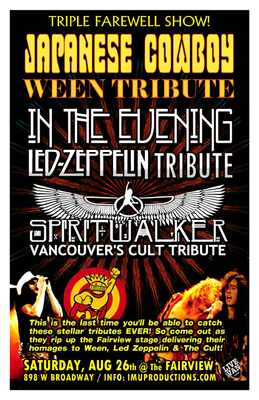 Ween, Led Zeppelin & Cult Tributes Triple Farewell Show: Japanese Cowboy, In The Evening , Spiritwalker @ Fairview Pub Aug 26 2017 - Jun 12th @ Fairview Pub