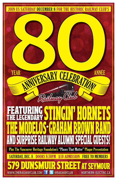 Late show: Railway Club 80 Years Anniversary Show! Featuring: The Stingin' Hornets, The Modelos, Graham Brown @ Railway Club Dec 8 2012 - May 7th @ Railway Club