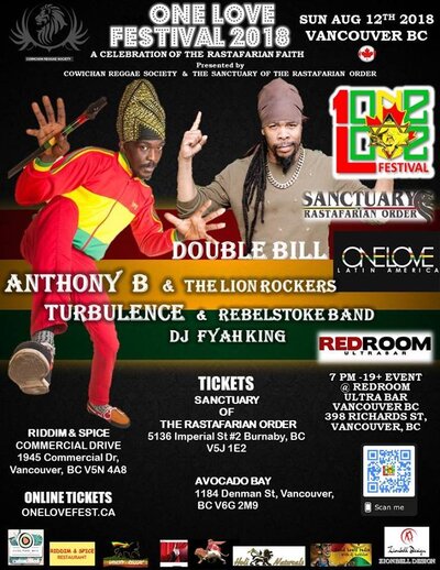 One love festival 2018 -: ANTHONY B, Turbulence @ The Red Room Aug 12 2018 - May 6th @ The Red Room