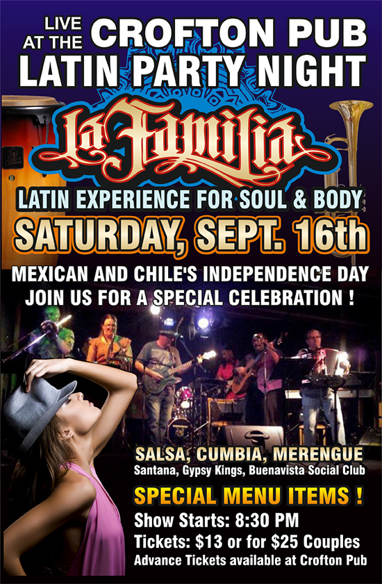 Latin Fiesta Night with La Familia t the Crofton Pub @ Crofton Pub Sep 16 2017 - May 8th @ Crofton Pub