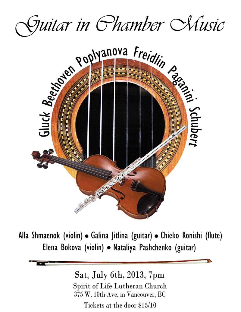 Guitar in Chamber Music: Galina Jitlina  (guitar), Alla Shmaenok  (violin), Chieko Konishi  (flute), Elena Bokova  (violin), Nataliya Pashchenko  (guitar) @ Spirit of Life Lutheran Church Jul 6 2013 - May 7th @ Spirit of Life Lutheran Church