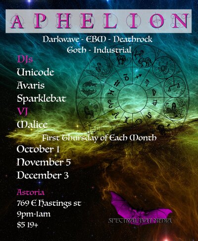 Aphelion: Goth/Deathrock/Industrial: DJ Unicode, Dj Avaris, Dj Sparklebat @ The Astoria  Oct 1 2015 - May 6th @ The Astoria 
