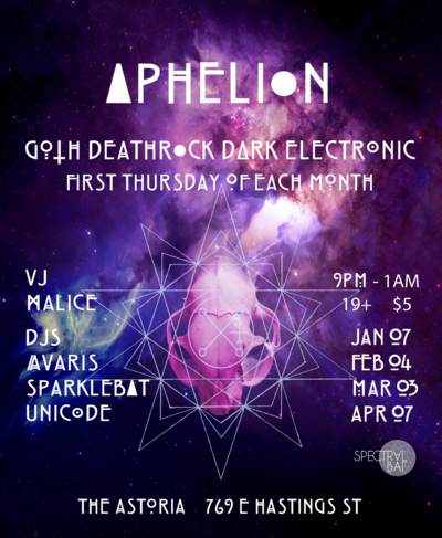 Aphelion - Goth, Deathrock, Industrial: Dj Avaris, Dj Sparklebat, DJ Unicode, VJ Malice, Guest DJ Kaine Delay @ The Astoria  Jan 7 2016 - May 6th @ The Astoria 