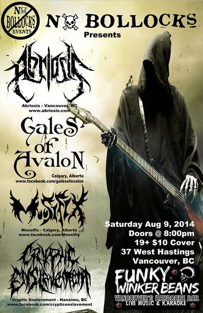 Abriosis, Gales of Avalon, Moosifix, Cryptic Enslavement @ Funky Winker Beans Aug 9 2014 - May 6th @ Funky Winker Beans