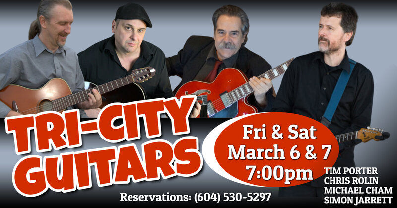 Tri-City Guitars Dinners Show: Tri-City Guitars (ft), CHRIS ROLIN, Michael Cham, SIMON JARRETT , Tim Porter,  (CHICO) @ Porters Bistro Mar 6 2020 - May 8th @ Porters Bistro