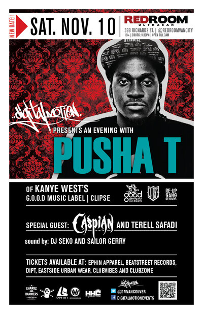Digital Motion Events  presents A SPECIAL EVENING/ PERFORMANCE WITH: Pusha T, DJ Seko, SAILOR JERRY, + PERFORMANCE BY CASPIAN , + PERFORMANCE BY CASPIAN  @ The Red Room Nov 10 2012 - Jun 12th @ The Red Room
