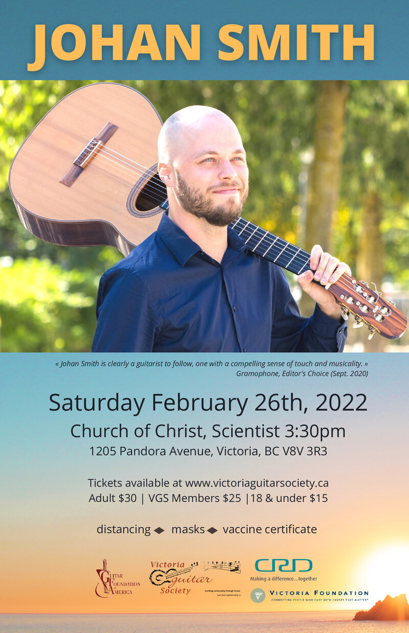 Victoria Guitar Society presents GFA competition winner Johan Smith - May 6th @ First Church of Christ, Scientist