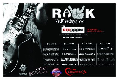 RAWK Wednesday's w/ $3.50 pints all night: Underlion, Moniker, Bell Tower Dreams, Skytrain, w/ DJ Ant1her0 @ The Red Room Jul 14 2010 - May 6th @ The Red Room