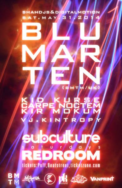 One of the most musical producers in Drum and Bass is back to Vancouver for SUBculture Saturday's: Blu Mar Ten, KIR MOKUM  , Kid Kurse , Carpe Noctem, Luscious visuals by Vj Kinotropy @ The Red Room May 31 2014 - Jun 18th @ The Red Room