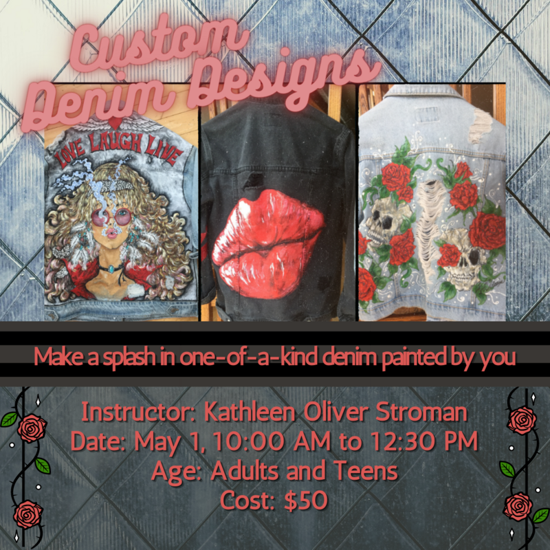 Art Class: Custom Denim Designs with painter Kathleen Stroman @ On Zoom May 1 2021 - Jun 7th @ On Zoom