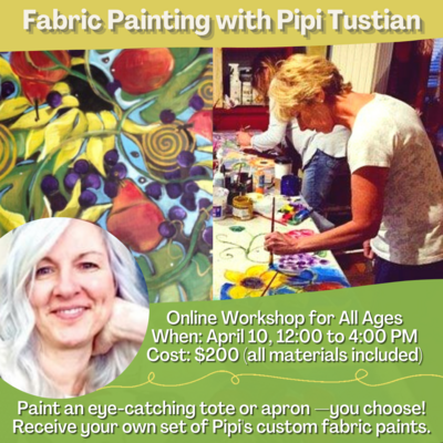 Fabric Painting: Your own tote or apron with Pipi Tustian @ On Zoom Apr 10 2021 - Jun 3rd @ On Zoom