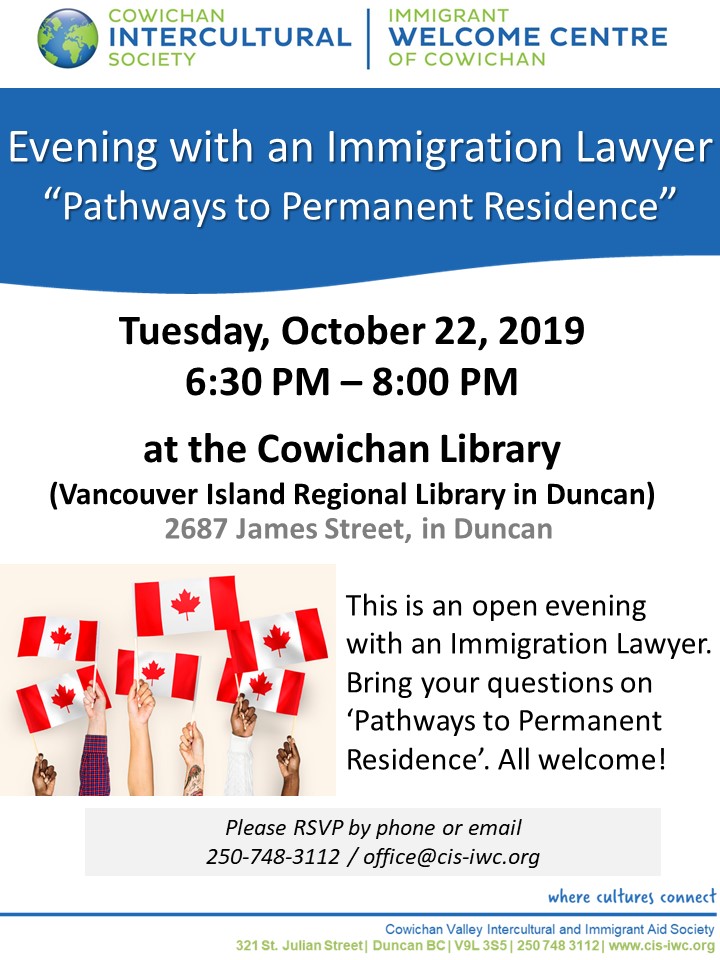 Evening With an Immigration Lawyer @ Vancouver Island Regional Library (Cowichan Branch) Oct 22 2019 - May 7th @ Vancouver Island Regional Library (Cowichan Branch)