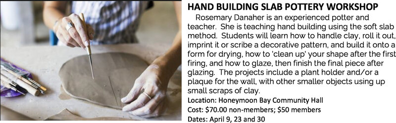 Hand Building Slab Pottery Workshop: Rosemary Danaher, Helper:Loretta Puckrin @ Honeymoon Bay Hall - Apr 09, 2022