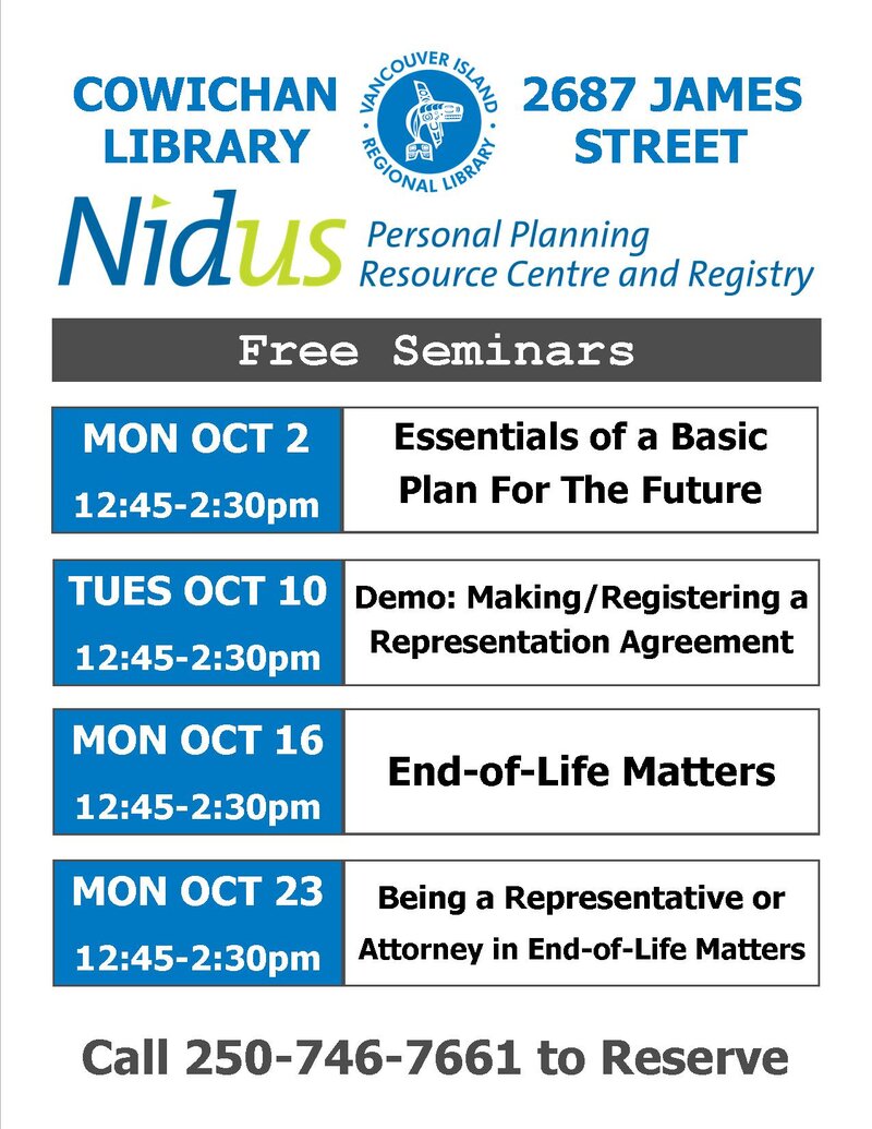 Free Seminar: End-of-Life Matters @ Vancouver Island Regional Library (Cowichan Branch) Oct 16 2017 - Jun 8th @ Vancouver Island Regional Library (Cowichan Branch)