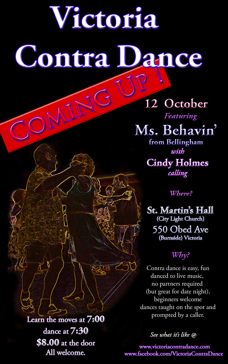 Victoria Contra Dance with Ms. Behavin', Cindy Holmes calling @ St. Martin's Hall &mdash; 550 Obed Avenue Oct 12 2013 - Jun 9th @ St. Martin's Hall &mdash; 550 Obed Avenue