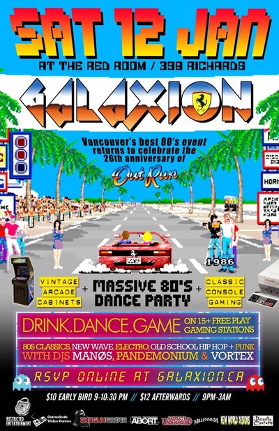 Galaxion is returning to The Red Room on Jan 12 to celebrate the over 26 years of Outrun (we'll have JUST missed the anniversary)! We'll be turning the club into an retro arcade complete with vintage @ The Red Room Jan 12 2013 - Jun 13th @ The Red Room