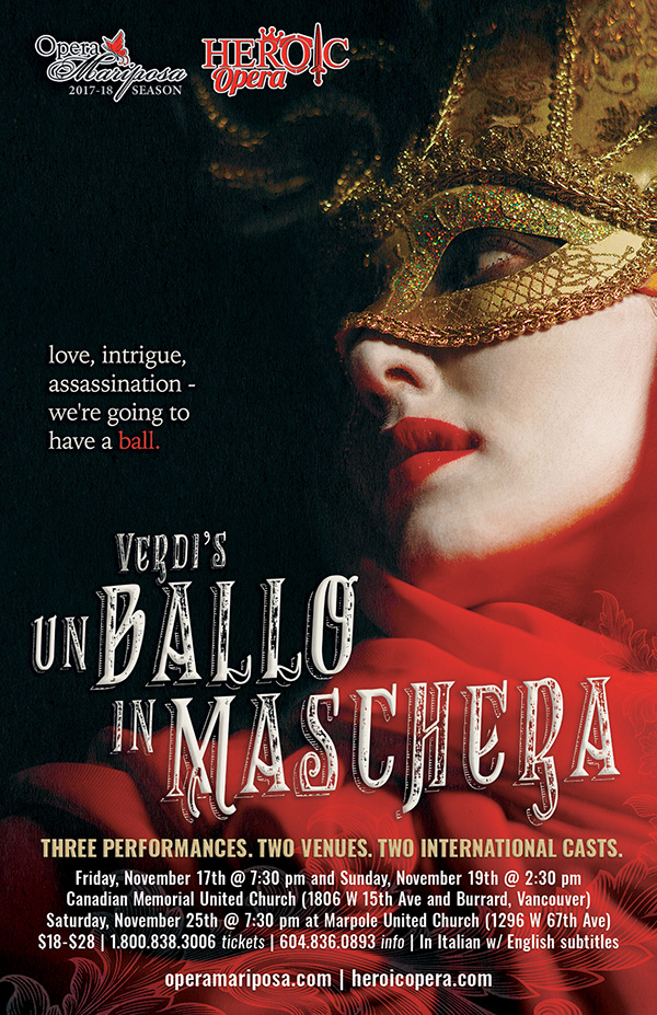 Verdi's Un ballo in maschera: Opera Mariposa @ Marpole United Church Nov 25 2017 - May 10th @ Marpole United Church