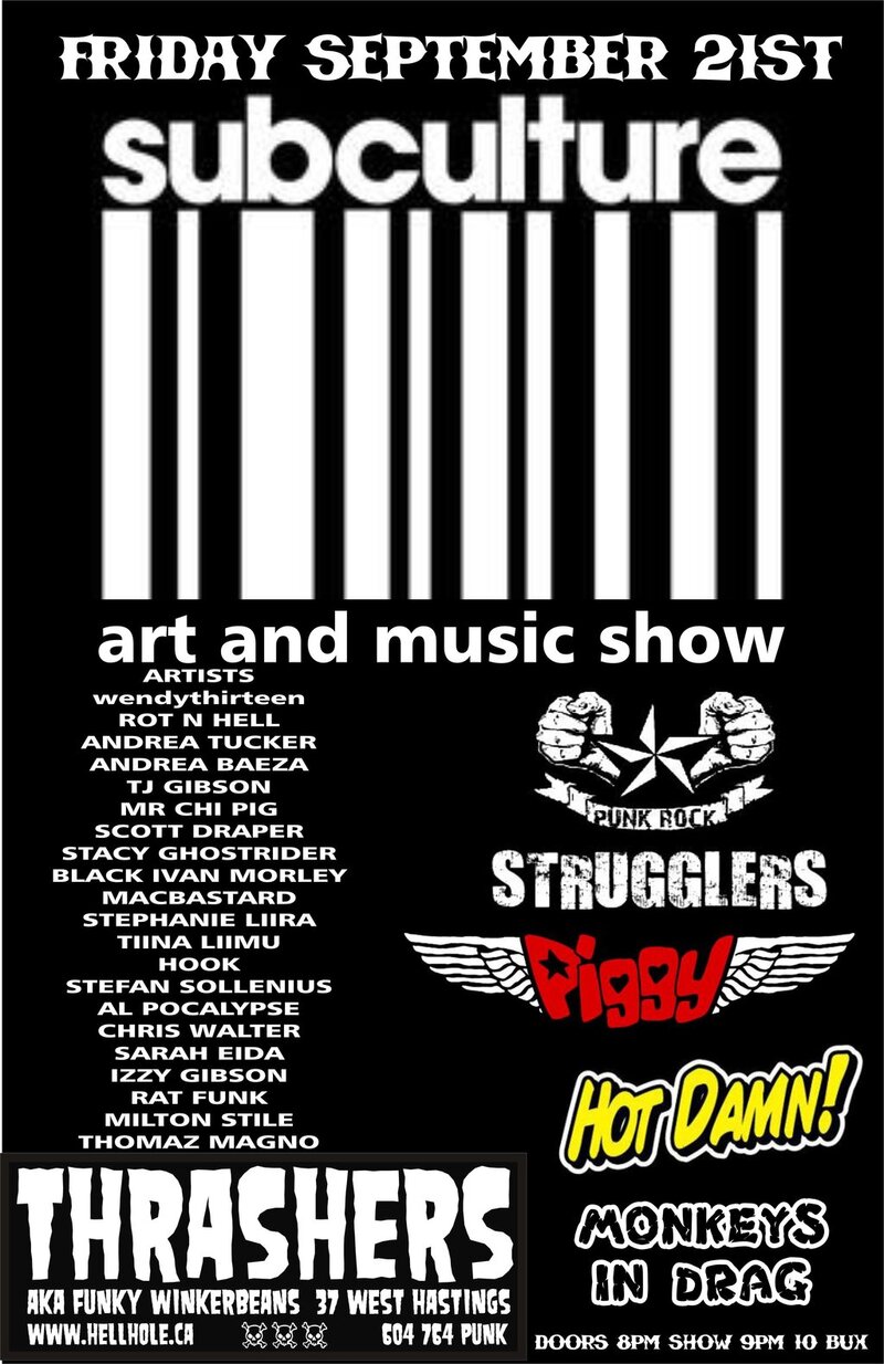 SUBCULTURE- ART AND MUSIC SHOW/!: Strugglers, Piggy, Hot Damn!, Monkeys in Drag @ Funky Winker Beans Sep 21 2012 - Apr 30th @ Funky Winker Beans