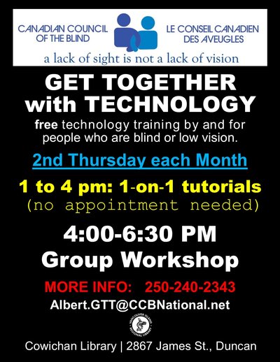 Get Together with Technology (GTT) Cowichan @ Vancouver Island Regional Library (Cowichan Branch) Jul 11 2019 - May 7th @ Vancouver Island Regional Library (Cowichan Branch)