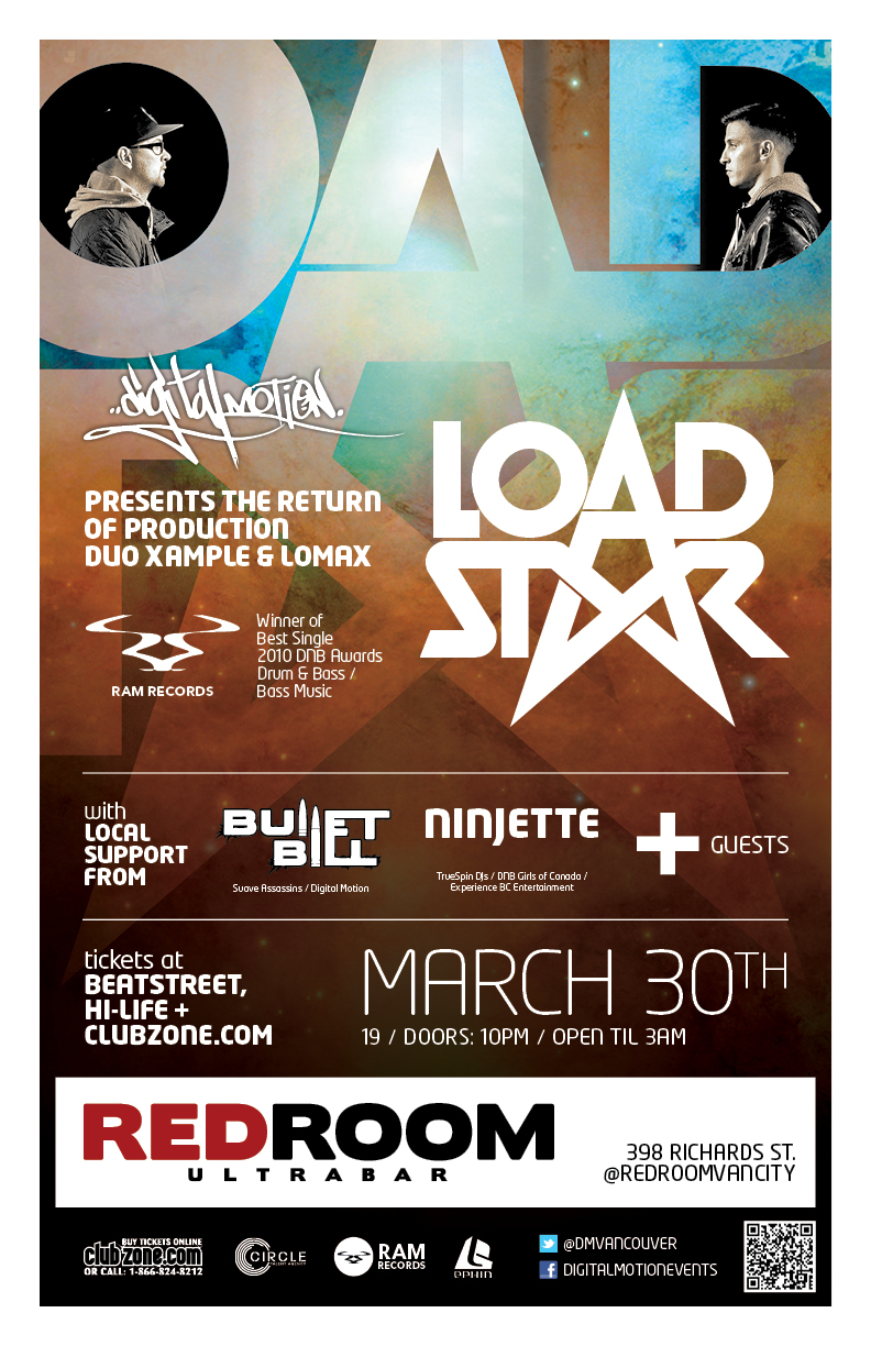 Xample & Lomax, L O A D S T A R, Bullet Bill , Ninjette, Guests TBA @ The Red Room Mar 30 2013 - Jun 19th @ The Red Room
