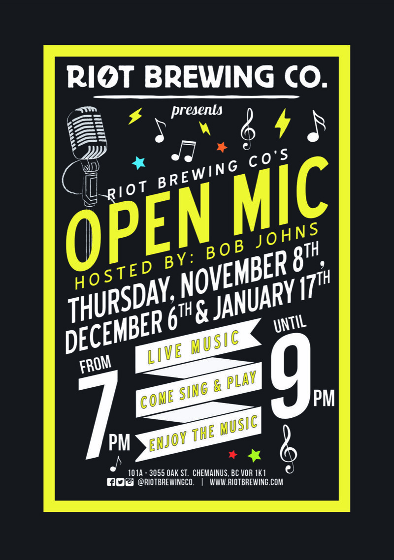 Open Mic Night: Bob Johns @ Riot Brewing Co. Nov 8 2018 - May 24th @ Riot Brewing Co.