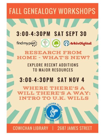 Genealogy Research From Home - What's New? @ Vancouver Island Regional Library (Cowichan Branch) Sep 30 2017 - Jun 3rd @ Vancouver Island Regional Library (Cowichan Branch)