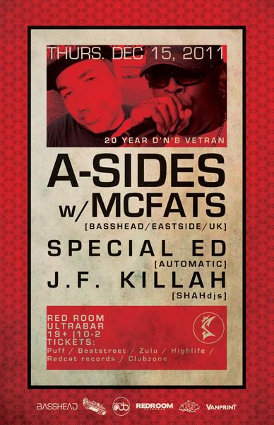 SHAHdj's present 20 year DNB Veteran: A-Sides, with MC FATS, with Vancouver based J.F.Killah, Special Ed @ The Red Room - Dec 15, 2011