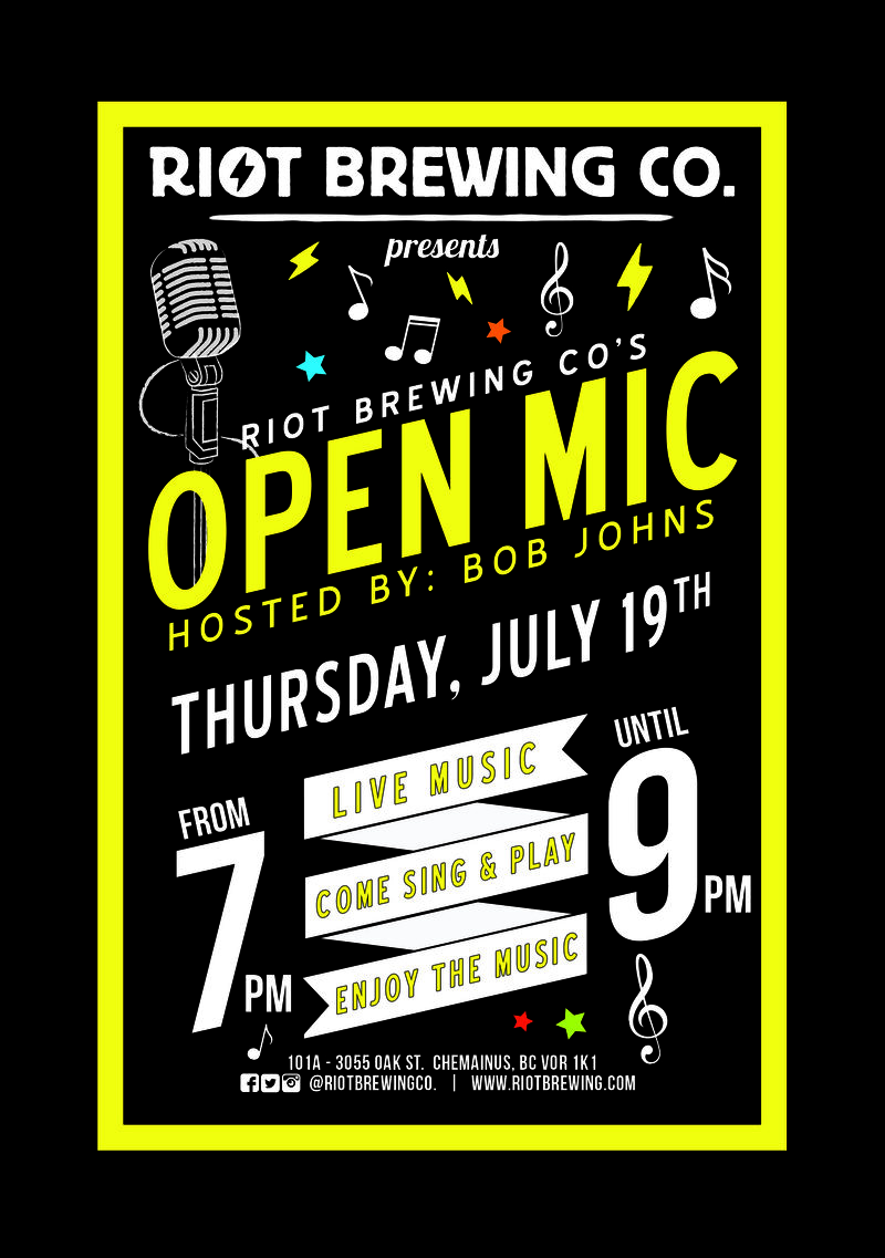 Open Mic Night!: Bob Johns (Hosted by) @ Riot Brewing Co. Jul 9 2018 - May 24th @ Riot Brewing Co.