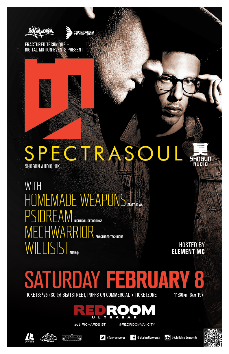 Proud to present to you the debut of:  SpectraSoul  (with support from), Homemade Weapons, Psidream, MechWarrior, Willisist, Element MC  (Host) @ The Red Room Feb 8 2014 - Jun 14th @ The Red Room