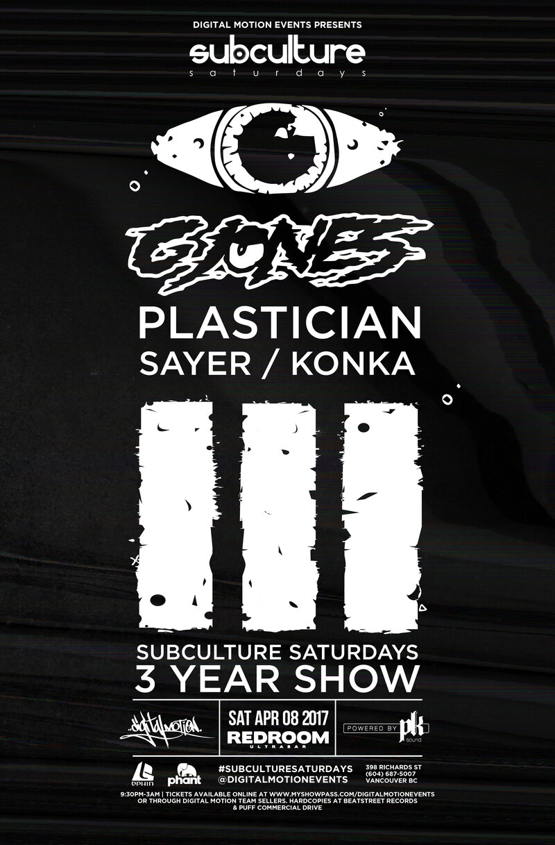 SUBculture Saturdays 3YR show ft: G JONES, Plastician, Sayer @ The Red Room Apr 8 2017 - Jun 23rd @ The Red Room